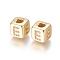 Brass Micro Pave Cubic Zirconia Beads, Long-Lasting Plated, Cube with Letter, Clear, Golden, Letter.E, 10x8x8.5mm, Hole: 1.5x3.5mm and 4mm