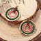 Flat Round Alloy Glass Seed Beads Dangle Earrings, with Imitation Leather, Golden, Dark Green, 65x45mm
