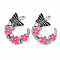 Alloy Rhinestone Pendants, with Enamel, Platinum, Butterfly with Flower, Hot Pink, 22x29x2mm, Hole: 1.8mm