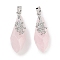 Natural Rose Quartz Faceted Teardrop Pendants, Rack Plating Platinum Tone Brass Flower Charms, Cadmium Free & Lead Free, 44~45.5x14.5~15.5x16~17mm, Hole: 6.5x5mm