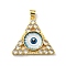 Real 18K Gold Plated Brass Pendants, with Glass and Acrylic, Triangle With Evil Eye Charms, Light Blue, 27x28x7mm, Hole: 4x3.5mm