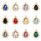 24Pcs 12 Colors Alloy Pendants, with Rhinestone, Cadmium Free & Lead Free, Light Gold, Teardrop, Mixed Color, 25x19x5mm, Hole: 1.6mm, 2pcs/color