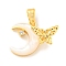 Brass Micro Pave Clear Cubic Zirconia Pendants, Cadmium Free & Nickel Free & Lead Free, with Shell, Moon with Butterfly, Real 18K Gold Plated, 13x15.5x6.5mm, Hole: 4x2mm