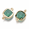Glass Links connectors, with Brass Findings, Faceted, Square, Golden, Green, 14.5x9.5x3.5mm, Hole: 0.8~1.2mm
