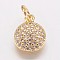 Brass Cubic Zirconia Pendants, Flat Round Charms, Golden, 10x8x2mm, Hole: 3mm