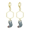 Rack Plating Alloy Cat Dangle Leverback Dangle Earrings, Golden Brass Long Drop Earrings, Slate Gray, 66x19.5mm