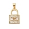 Brass Micro Pave Clear Cubic Zirconia Pendants, Cadmium Free & Lead Free, with Shell, Lock, Real 18K Gold Plated, 20x12.5x3.5mm, Hole: 4x3.5mm
