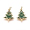 Brass Micro Pave Cubic Zirconia Pendants, with Enamel and Jump Ring, Christmas Tree, Green, Golden, 18.5x15x2mm, Hole: 3mm