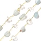 Handmade Nuggest Natural Aquamarine Beaded Chains, Soldered, with Butterfly Glass Beads and Rack Plating Brass Findings, Long-Lasting Plated, Lead Free & Cadmium Free, with Spool, Real 18K Gold Plated, 7~13x4.5~8x4~7mm