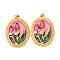 304 Stainless Steel Enamel Pendants, Oval with Butterfly & Flower, with ABS Plastic Imitation Pearl and Plastic & Jump Ring, Ion Plating(IP), Real 18K Gold Plated, Hot Pink, 30x21x4mm, Hole: 2.5mm