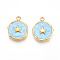 304 Stainless Steel Pendants, with Enamel, Flat Round with Star Charms, Ion Plating(IP), Real 18K Gold Plated, Light Sky Blue, 16x12.5x2.5mm, Hole: 1.6~1.8mm