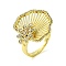 Brass Micro Pave Cubic Zirconia Open Cuff Rings, Cadmium Free & Lead Free, Hollow Shell Shape, Real 16K Gold Plated, US Size 7 1/4(17.5mm)