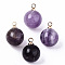 Natural Amethyst Charms, with Golden Plated Brass Loops, Round, 14x10.5mm, Hole: 1.5mm