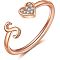 Adjustable Brass Rhinestone Cuff Rings, Letter & Heart, Rose Gold, Letter S, Inner Diameter: 15~20mm
