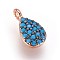 Brass Micro Pave Cubic Zirconia Charms, Teardrop, Deep Sky Blue, Gunmetal & Rose Gold, 10x5x2mm, Hole: 1.2mm