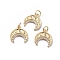 Brass Micro Pave Cubic Zirconia Pendants, with Jump Rings, Long-Lasting Plated, Double Horn/Crescent Moon, Clear, Golden, 13.5x12.5x1.5mm, Hole: 3.4mm