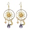 Sun & Moon & Star Alloy Chandelier Earrings, Glass Teardrop Long Drop Earrings, Golden, 83x35mm