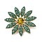 Flower Rhinestone Brooch, Alloy Lapel Pins for Backpack Clothes, Golden, Emerald, 40mm