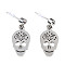 201 Stainless Steel Dangle Stud Earrings, with Clear Cubic Zirconia, Skull, Stainless Steel Color, 24mm, Pin: 0.8mm