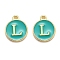 Golden Plated Alloy Enamel Charms, Enamelled Sequins, Flat Round with Alphabet, Letter.L, Green, 14x12x2mm, Hole: 1.5mm