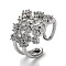 Rack Plating Brass Micro Pave Cubic Zirconia Open Cuff Rings, Flower, Lead Free & Cadmium Free, Long-Lasting Plated, Platinum, Inner Diameter: 18mm