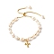 Adjustable Natural Pearl Beads Slider Bracelets, with 304 Stainless Steel Venetian Chains and Brass Cross Charm, Beige, 0.15cm, Inner Diameter: 1-3/4~3-1/4 inch(4.5~8.2cm)