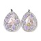 Natural Shell Polymer Clay Rhinestone Pendants, Resin Amethyst Teardrop Charms with Platinum Plated Brass Snap on Bails, White, 53.5~55x40~40.5x8~8.5mm, Hole: 6.5x5mm