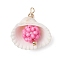 Clam Shell & Glass Seed Beaded Pendants, with Brass Beads, Shell Shaped Charms, Real 18K Gold Plated, Hot Pink, 28x27x15mm, Hole: 2.5x2mm