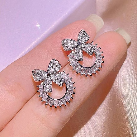Серьги-гвоздики с бантом и кольцом из сплава прозрачных кубических цирконий FS-WG09EB0-03-1