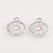 Alloy Rhinestone Pendants, Flat Round with Heart, Platinum, 21.5x18x4.5mm, Hole: 2.5mm