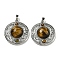 Natural Tiger Eye Pendants, Rack Plating Brass Hollow Flat Round Charms, Cadmium Free & Lead Free, Platinum, 36.5x33x9.5mm, Hole: 7.5x5mm