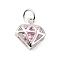 S925 Sterling Silver with Cubic Zirconia Charms, Diamond Charm, Pink, 9x8.5x3.5mm, Hole: 2.5mm