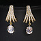 Brass Micro Pave Cubic Zirconia Dangle Stud Earrings, Fan with Oval, Golden, Clear, 27x13mm