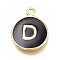 Brass Enamel Pendants, Long-Lasting Plated, Black, Golden, Flat Round, Letter.D, 16.5x13x2mm, Hole: 1.5mm