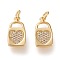 Brass Micro Pave Clear Cubic Zirconia Pendants, Long-Lasting Plated, Lock with Heart, Golden, 15x8x1.7mm, Jump Ring: 4.5x0.8mm, 2.7mm Inner Diameter.