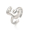 Brass Letter Open Cuff Rings for Women, Cadmium Free & Lead Free, Adjustable, Platinum, Letter E, 15~16.5x7~16.5mm