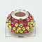 Resin Rhinestone European Beads, Grade A, with Brass Double Cores, Silver Metal Color, Rondelle, Citrine, 15x9mm, Hole: 5mm