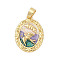 Brass Enamel Pendants, Oval with Bird Charms, Rack Plating, Lasting Plated, Cadmium Free & Lead Free, Real 18K Gold Plated, Plum, 18.5x13.5x2mm, Hole: 3.5x2.5mm