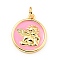 Brass Enamel Pendants, with Jump Rings, Cadmium Free & Lead Free, Real 18K Gold Plated, Flat Round with Angel, Pearl Pink, 18.5mm, Hole: 3.5mm