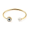 Shell Pearl & Heart with Evil Eye Open Cuff Bangle, 304 Stainless Steel Jewelry for Woman, Golden, Inner Diameter: 1-3/4x2-1/8 inch(4.6x5.45cm)