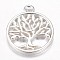 Brass Pendants, Flat Round with Tree of Life, Silver Color Plated, 18x15x2mm, Hole: 1.5mm