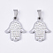 201 Stainless Steel Pendants, with Random Size Snap On Bails and Polymer Clay Crystal Rhinestones, Palm, Stainless Steel Color, 24.5x20x3mm, Hole: 8~10x3~5mm