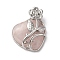Natural Rose Quartz Pendants, Heart Charms, with Rack Plating Platinum Tone Alloy Rose, Cadmium Free & Lead Free, 41~42x37~38x11~12mm, Hole: 5.3x5.2mm