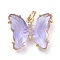 Brass Micro Pave Clear Cubic Zirconia Pendant, with Glass, Butterfly, Golden, Lavender, 15x19x4.5mm, Hole: 3.5mm