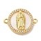 Rack Plating Brass Micro Pave Clear Cubic Zirconia Religion Connector Charms, with Shell, Flat Round Links, Real 18K Gold Plated, Cadmium Free & Lead Free, Long-Lasting Plated, Virgin, 17x23x4mm, Hole: 1.4mm