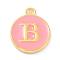 Golden Plated Alloy Enamel Charms, Enamelled Sequins, Flat Round with Alphabet, Letter.B, Pink, 14x12x2mm, Hole: 1.5mm