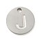 Non-Tarnish 304 Stainless Steel Pendants, Laser Cut, Flat Round with Letter Charm, Stainless Steel Color, Letter J, 10x1mm, Hole: 1.4mm