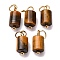 Natural Tiger Eye Column Charms with 304 Stainless Steel Jump Rings, Golden, 14x6mm, Hole: 4mm