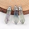 Bullet Natural Fluorite Pointed Pendants, with Platinum Tone Alloy Findings, 33~40x8~10mm, Hole: 3x2mm