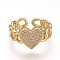 Brass Micro Pave Clear Cubic Zirconia Cuff Rings, Open Rings, Long-Lasting Plated, Heart, Curb Chain Shape, Real 18K Gold Plated, Inner Diameter: 17mm